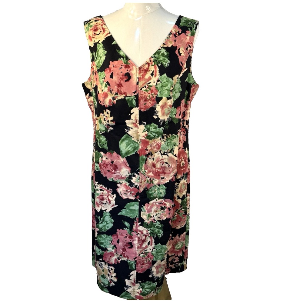 Talbots Floral Sheath Dress Womens 16 Black Pink V-Neck Cotton Blend Stretch - Picture 2 of 14